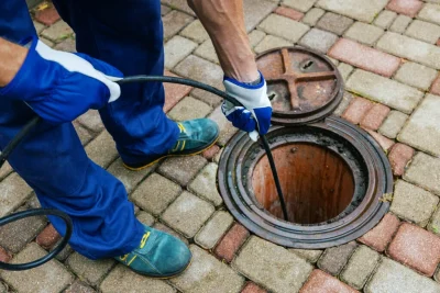 Plumber cleaning an outdoor sewer drain in Redmond