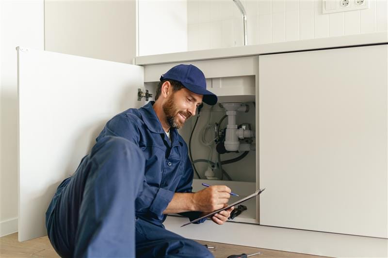 Residential plumber reviewing plumbing repairs in a Redmond kitchen