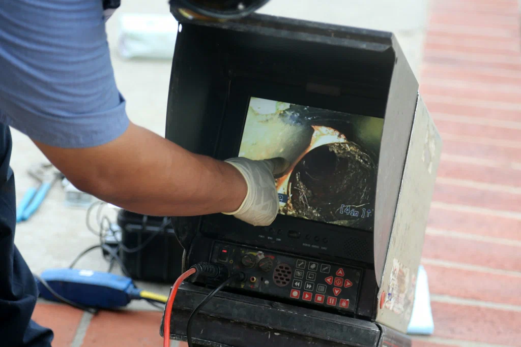 Technician viewing a drain inspection camera in Redmond