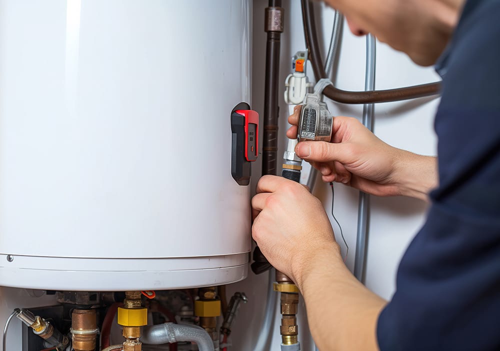 Technician repairing pipes connected to a water heater in Redmond
